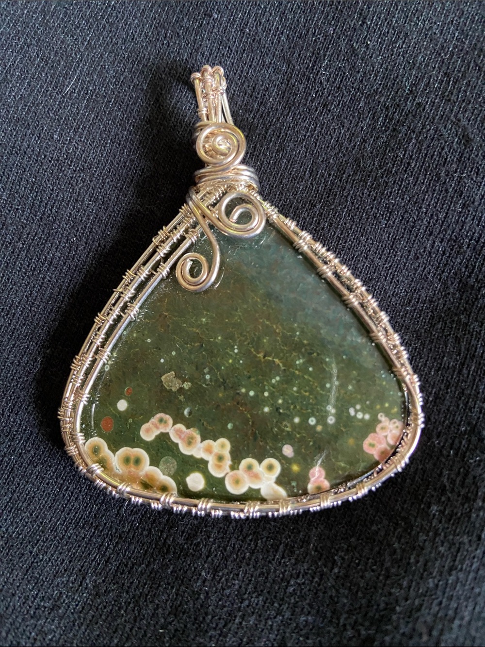 Handcrafted Green Ocean Jasper Pendant with Sterling Silver Wire Wrap